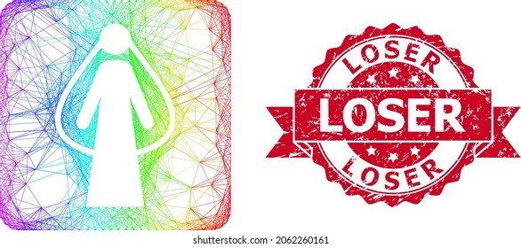 Rainbow colorful wire frame bride, and Loser scratched ribbon seal. Red stamp seal includes Loser caption inside ribbon.Geometric wire carcass flat network based on bride icon,