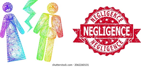 Rainbow colorful wire frame broken wedding, and Negligence dirty ribbon seal imitation. Red stamp seal has Negligence tag inside ribbon.Geometric wire frame 2D net based on broken wedding icon,