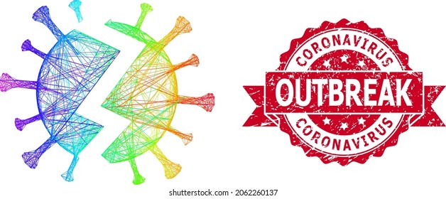 Rainbow colorful wire frame broken virus, and Coronavirus Outbreak corroded ribbon stamp seal. Red stamp includes Coronavirus Outbreak tag inside ribbon.