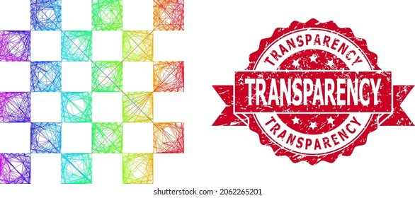tablero de ajedrez con marco de alambre de color arcoiris y huella de sello de cinta corroída por la Transparencia. El sello rojo incluye el título Transparencia dentro de la cinta.