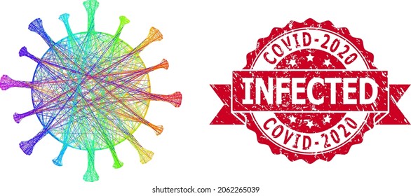Rainbow colorful wire frame Covid-19 virus, and Covid-2020 Infected corroded ribbon seal. Red stamp has Covid-2020 Infected caption inside ribbon.