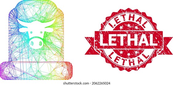 Rainbow colorful wire frame cow cemetery, and Lethal unclean ribbon stamp seal. Red stamp seal includes Lethal title inside ribbon.Geometric wire carcass 2D network based on cow cemetery icon,