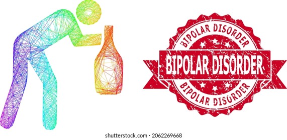 Rainbow Colorful Wire Frame Drunky Man, And Bipolar Disorder Corroded Ribbon Seal Imitation. Red Seal Has Bipolar Disorder Title Inside Ribbon.