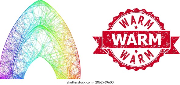 Rainbow colorful wire frame fire flame, and Warm scratched ribbon seal print. Red seal has Warm title inside ribbon.Geometric wire frame 2D network based on fire flame icon,