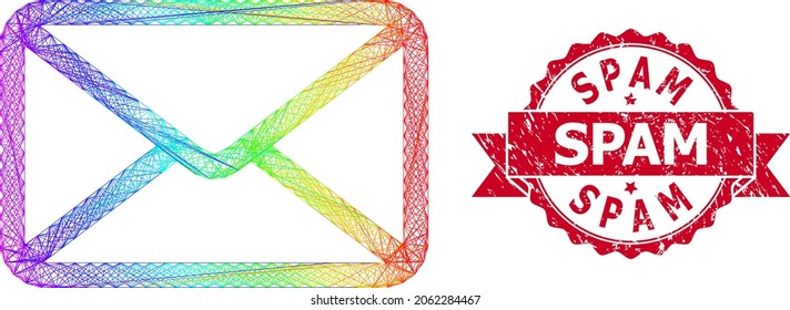 Rainbow colorful wire frame letter, and Spam corroded ribbon seal. Red seal includes Spam caption inside ribbon.Geometric hatched frame flat network based on letter icon, generated with crossed lines,