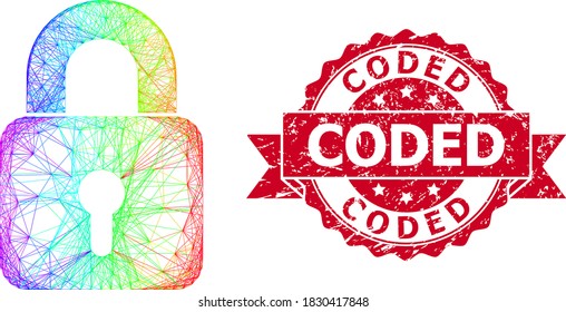 Rainbow colorful wire frame lock, and Coded unclean ribbon seal print. Red stamp seal has Coded title inside ribbon.Geometric wire carcass 2D net based on lock icon, generated with crossed lines,