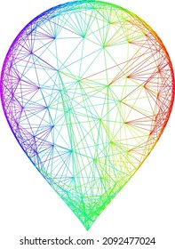 Puntero de mapa del marco de alambre de color arco iris. Red plana de marco de alambre geométrico basada en el icono del puntero del mapa, generada con líneas de cruce, con gradiente de arco iris.