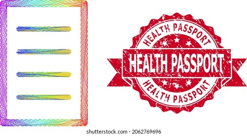 Rainbow colorful wire frame text page, and Health Passport textured ribbon seal imitation. Red seal has Health Passport tag inside ribbon.Geometric wire carcass 2D network based on text page icon,