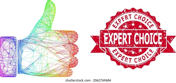 Rainbow colorful wire frame thumb up, and Expert Choice scratched ribbon stamp. Red stamp contains Expert Choice tag inside ribbon.Geometric wire carcass flat network based on thumb up icon,