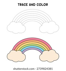 Rainbow coloring pages for kids. Trace and color rainbow. Rainbow illustration flat style vector. Coz, easy and simple coloring page for kids.