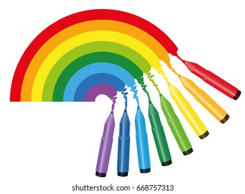 Rainbow coloring picture - eight colorful markers are drawing the spectrum colors of a rainbow - isolated vector illustration on white background.