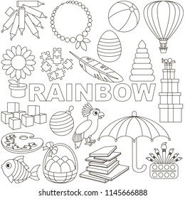 Rainbow Colorless Objects Color elements set, collection of coloring book template, the group of outline digital elements vector illustration, kid educational game page.