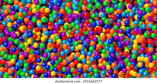 Rainbow colors abstract bg with plastic balls in a childrens dry pool for games as a seamless pattern. Sweet candy gumballs or dragees. Vector illustration with gradient mesh