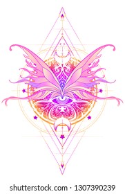 Rainbow colors butterfly over sacred geometry sign, isolated vector illustration. Tattoo sketch. Mystical symbols and insects. Alchemy, occultism, spirituality. Hand-drawn vintage. 