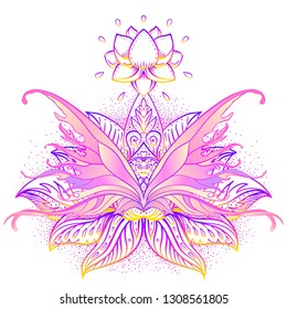 Rainbow colors butterfly over sacred geometry sign, isolated vector illustration. Tattoo sketch. Mystical symbols and insects. Alchemy, occultism, spirituality. Hand-drawn vintage. 