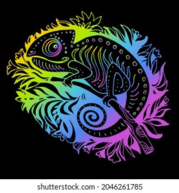 Rainbow Colors Chameleon Hand Drawn in Doodle Style on Black. Reptile Vector Illustration in Cartoon Style.