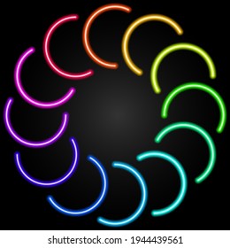 Rainbow colors, circles neon sign, modern glowing banner design, colorful modern design trends on black background. Vector illustration.