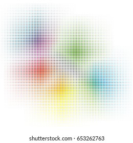 Rainbow colors, CMYK halftone background, vector illustration.