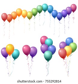 Rainbow colors flying balloons isolated vector illustration, birthday party decoration elements. Bright flying helium balloons isolated. Party decor, birthday gift elements design.