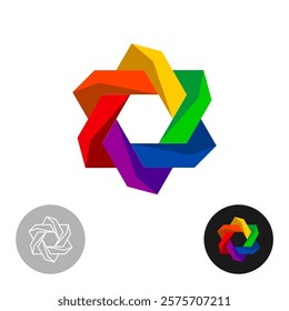 Rainbow colors geometric technical logo. Hexagonal colorful abstract chain shape. 3D illusion style vibrant colors round symbol. Weaving triangle blocks composition icon.