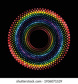 Rainbow colors halftone dotted circle.  Magic colorful spiral with black background.