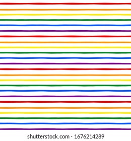 Rainbow colors of lgbt flag hand-drawn thin stripes seamless pattern for gay gift wrapping paper or fabric print. Horizontal lines repeat design to make textile or banner background.