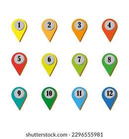 Rainbow colors map point markers set with number. Vector illustration.