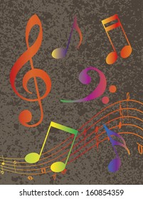 Rainbow Colors Musical Notes with Treble Clef on Grunge Textured Background Vector Illustration