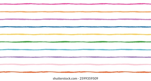 Rainbow colors organic jagged horizontal vector stripes seamless pattern, thin colorful wavy lines cute summer background