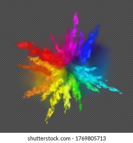 Rainbow colors paint powder and drops. Holi festival invitation. Transparent different clouds of paint powder isolated on gray background. The real effect of transparency. Vector illustration EPS10