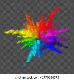 Rainbow colors paint powder and drops. Holi festival invitation. Transparent different clouds of paint powder isolated on gray background. The real effect of transparency. Vector illustration EPS10