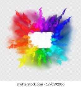 Rainbow colors paint powder and drops. Holi festival invitation. Transparent different clouds of paint powder isolated on light gray background. The real effect of transparency. Vector illustration