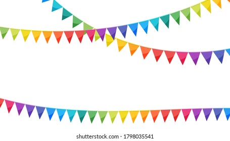 Colores arcoiris banderas de partidos de papel aisladas en fondo blanco. Marisma de carnaval con banderas. Decorativos coloridos cánticos de fiesta para la celebración del cumpleaños, decoración del festival. Banderas coloridas de amarre.