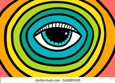 Rainbow colors psychedelic eye wallpaper in cartoon comic style mystic green orange yellow blue