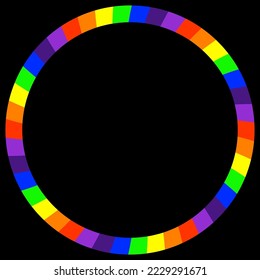 Marco redondo de colores arcoiris. Marcos de círculo con estribos de chevron coloridos aislados en el fondo negro. Concepto de espectro. Plantilla de borde.