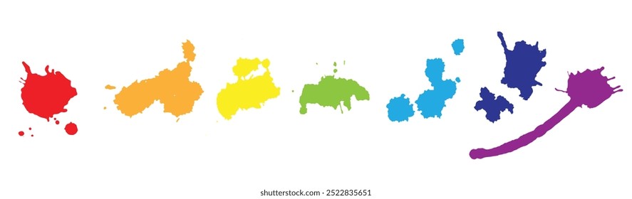 Fila de Colores de arco iris de manchas de tinta y salpicaduras. Arte vectorial de elemento de Diseño gráfico