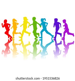 Rainbow colors silhouettes of children running