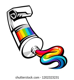 Rainbow colors are squeezed out of the tube with paint. Graffity style illustration isolated on white background