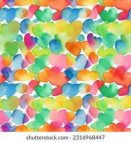 Rainbow Colors Tons of Hearts: Abstract Watercolor Seamless Pattern Red, orange, yellow, green, blue, indigo
