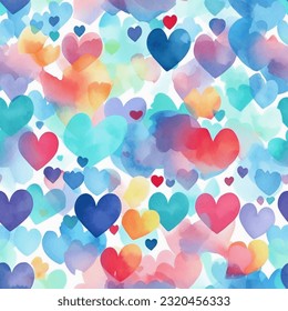 Rainbow Colors Tons of Hearts: Water Color Seamless Pattern Wallpaper Background
