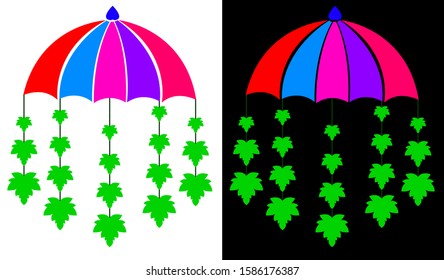 rainbow colors of umbrella with vines and green leaves is in Black and white backgrounds