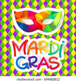 Rainbow Colors Vector Carnival Mask With Colorful Mardi Gras Lettering On Traditional Diamond Pattern