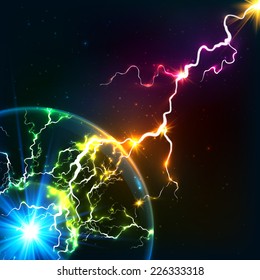 Rainbow colors vector cosmic plasma ball with lightning
