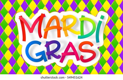 Rainbow colors vector Mardi Gras lettering sign on traditional carnival pattern