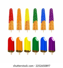 Rainbow colors of waffles and ice creams. Sweet food and dessert food, vector illustration of golden brown homemade corn dog or hot dog waffle on a stick in various flavors decorations and chocolate.