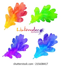 Rainbow colors watercolor painted vector oak leaves set