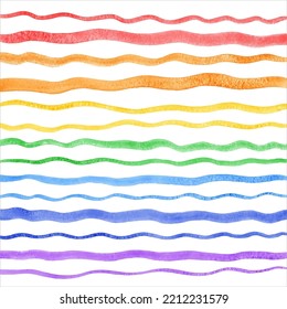 Rainbow colors watercolor vector textured wavy stripes set, long brush strokes painted background. Hand drawn uneven colorful waves, curved lines with watercolour stains. Border, frame templates. 