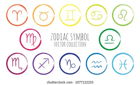 Rainbow colors zodiac symbols vector set, collection of hand painted astrology signs. Aries, Taurus, Gemini, Cancer, Leo, Virgo, Libra, Scorpio, Sagittarius, Capricorn, Aquarius, Pisces icons isolated