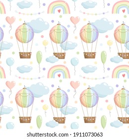 Rainbow colour seamless pattern with hot air balloon, rainbow, balloons, clouds, garland on white background. 