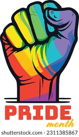 Rainbow coloured hand raised a fist Gay Pride LGBT concept vector colourful illustration